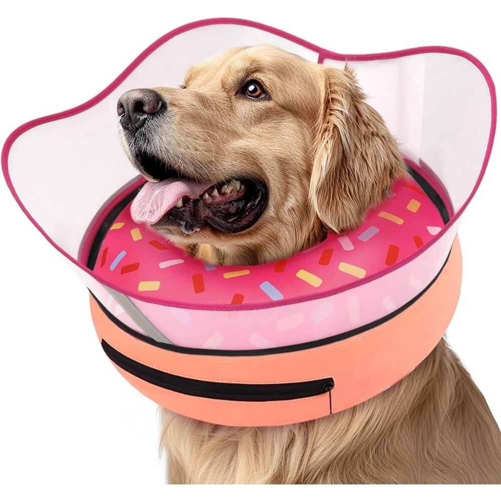 XL Pink Donut Raised Inflatable Dog Pet Cone Collar After Surgery Doggie Neck